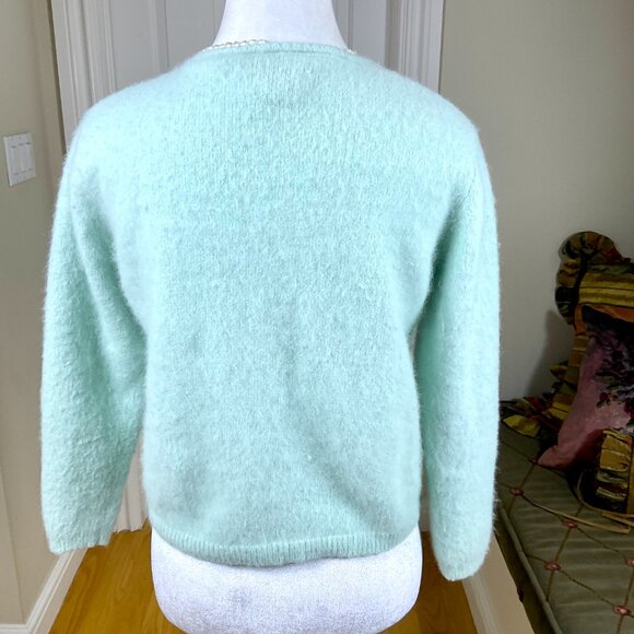 Vintage Sweater Cardigan Angora Wool Beads Pearl Buttons Ice Blue Rafaella (L) - Picture 3 of 8